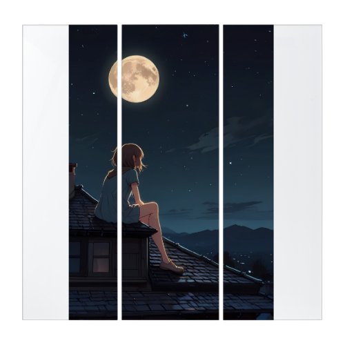 Aesthetic Anime Rooftop Night Illustration Triptych