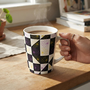 Aesthetic B&W Checkerboard Daisy Purple Yellow Latte Mug