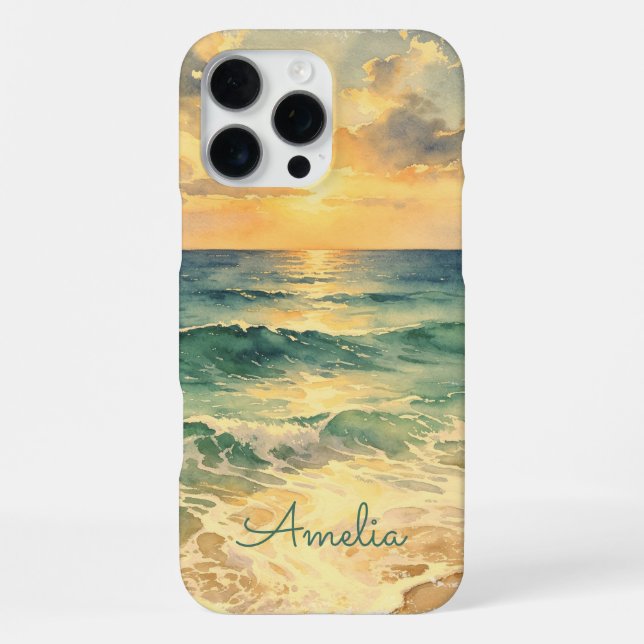 Aesthetic Beach Sunset Watercolor Custom Name iPhone Case (Back)