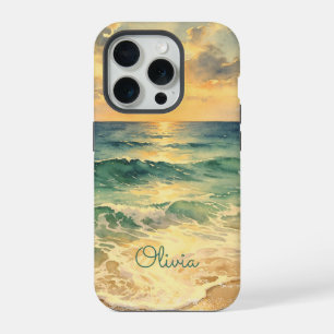 Aesthetic Beach Sunset Watercolor Custom Name iPhone 15 Pro Case