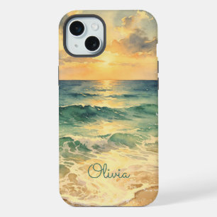 Aesthetic Beach Sunset Watercolor Custom Name iPhone 15 Plus Case