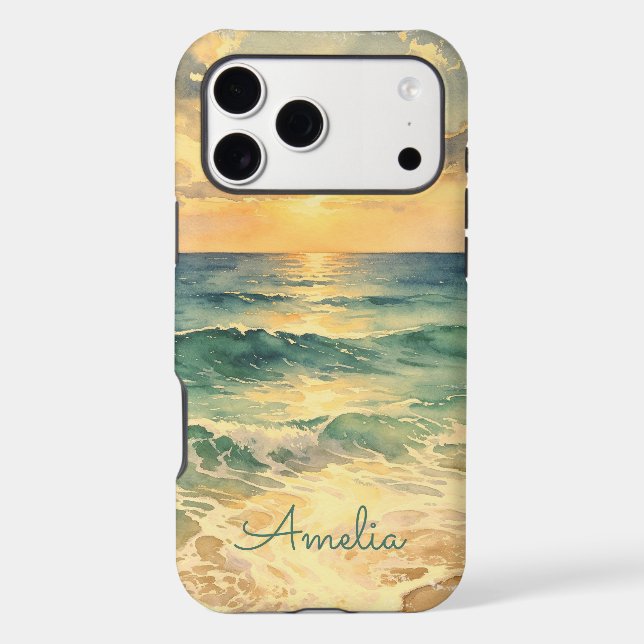 Aesthetic Beach Sunset Watercolor Custom Name iPhone Case (Back)