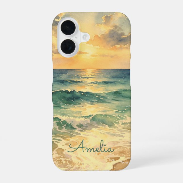 Aesthetic Beach Sunset Watercolor Custom Name iPhone Case (Back)