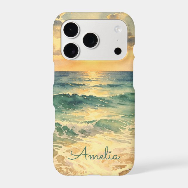 Aesthetic Beach Sunset Watercolor Custom Name iPhone Case (Back)