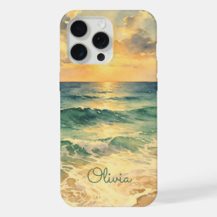 Aesthetic Beach Sunset Watercolor Custom Name iPhone 15 Pro Max Case