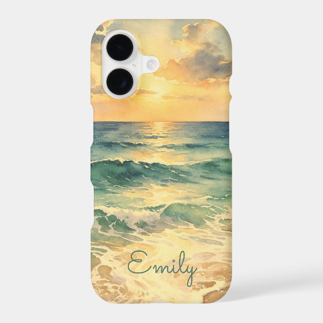 Aesthetic Beach Sunset Watercolor Custom Name iPhone Case (Back)