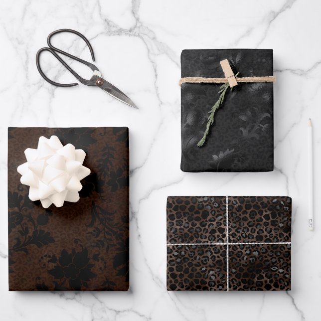 Aesthetic Black and Brown Leopard Pattern Wrapping Paper Sheets (Front)