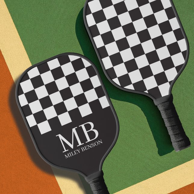 Aesthetic Black & White Checkered Retro Monogram Pickleball Paddle (Checkered black and white personalized pickleball paddle)
