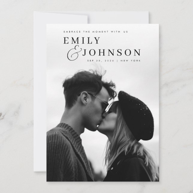 Aesthetic Black & White QR Code Photo Wedding  Invitation (Front)