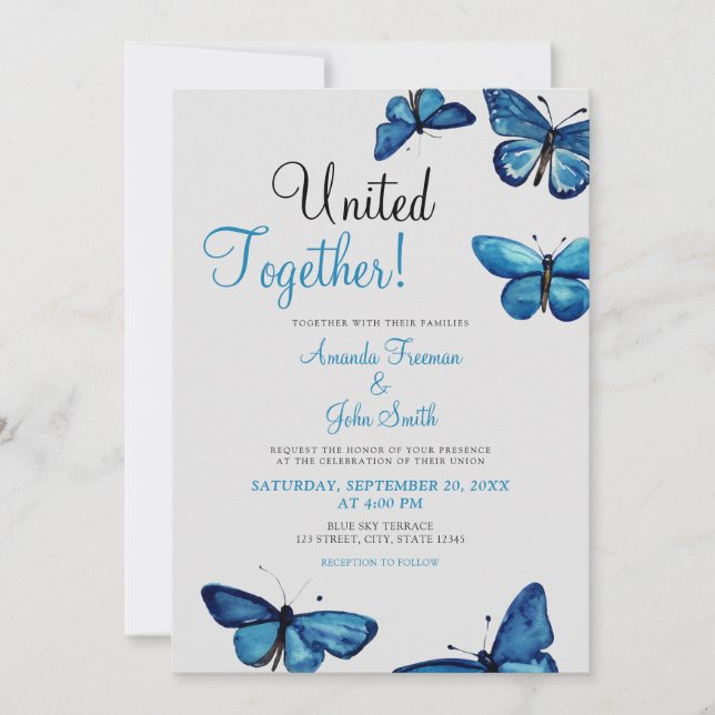 Aesthetic Blue Butterflies Watercolor Wedding Invitation (Front)