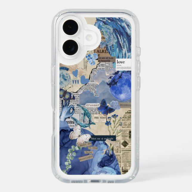 "Aesthetic Blue Collage iPhone 16 Case - Moon  (Front)