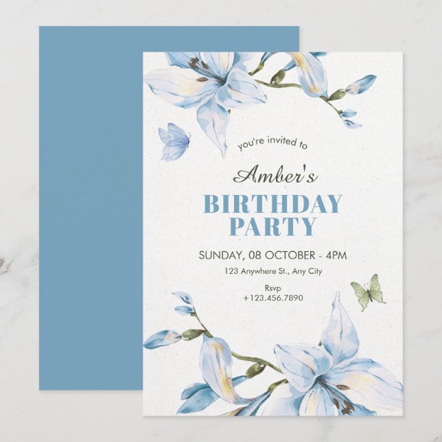 Aesthetic blue flower bloom birthday invitation (Front/Back)