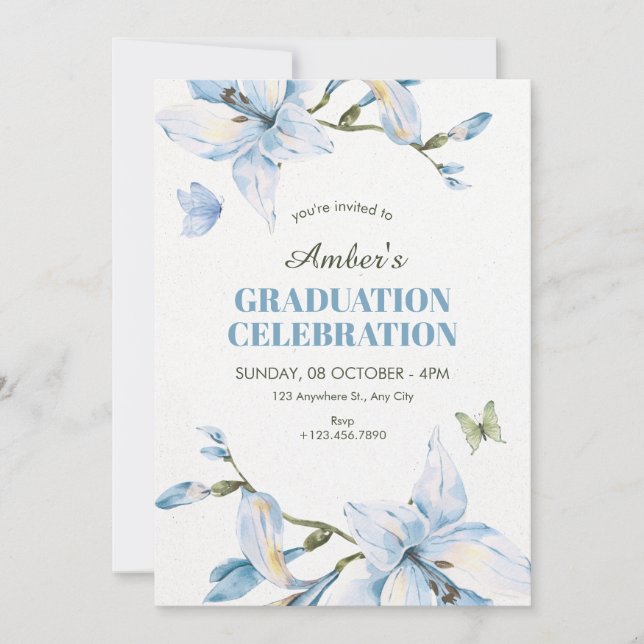 Aesthetic blue flower bloom graduation invitation (Front)