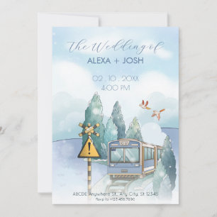 Aesthetic blue journey train wedding invitation