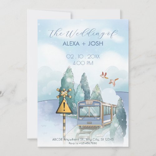 Aesthetic blue journey train wedding  invitation