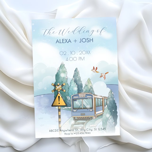 Aesthetic blue journey train wedding  invitation (Creator Uploaded)