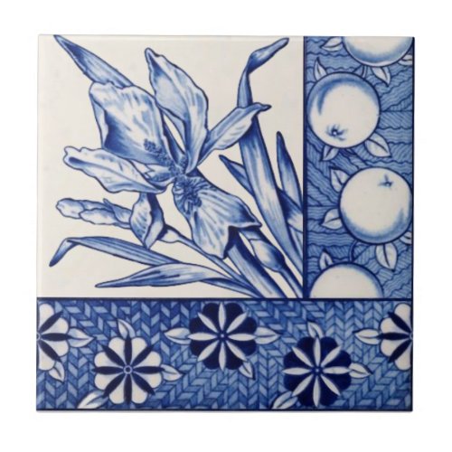 Aesthetic Blue White Botanical Antique Repro Ceramic Tile
