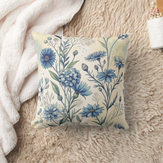 Aesthetic Blue Wildflowers Throw Pillow (Blanket)