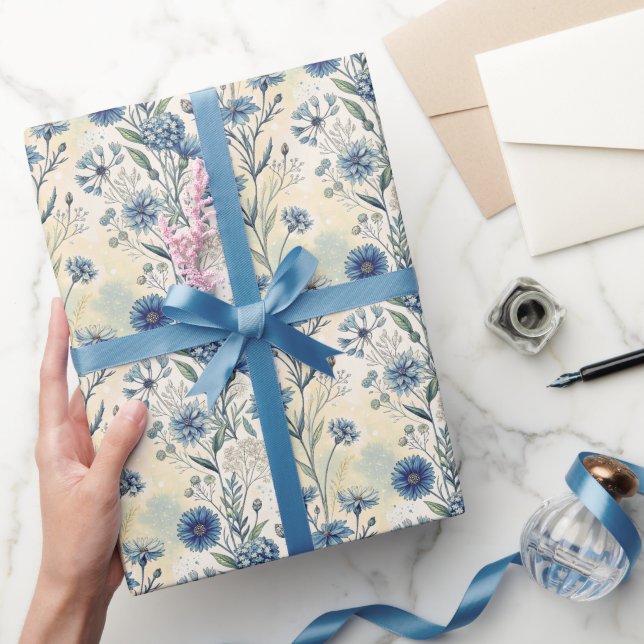 Aesthetic Blue Wildflowers Wrapping Paper (Gifting)