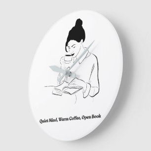 Aesthetic Book and Coffee Line Art T-Shirt Large Clock