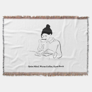 Aesthetic Book and Coffee Line Art T-Shirt Throw Blanket