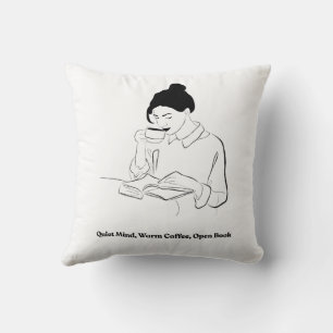 Aesthetic Book and Coffee Line Art T-Shirt Throw Pillow