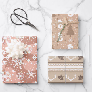 Aesthetic Brown Snowflakes, Snowmen and reindeer Wrapping Paper Sheets