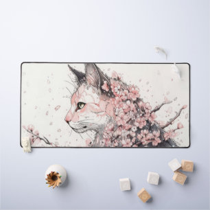 aesthetic cat and pink flowers desk mat