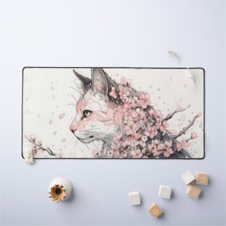 aesthetic cat and pink flowers desk mat