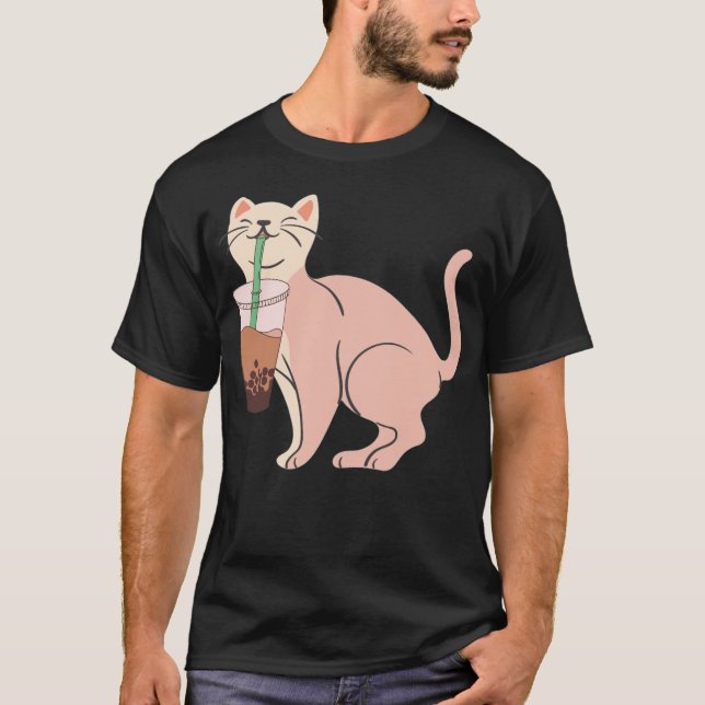 Aesthetic Cat Drinking Bob  best cat illustration  T-Shirt (Front)