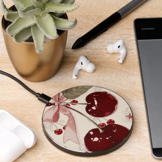 Aesthetic cherry and bow wireless charger (Desk 2)