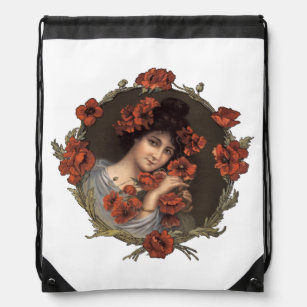  Aesthetic chromolithograph , Woman and poppies   Drawstring Bag