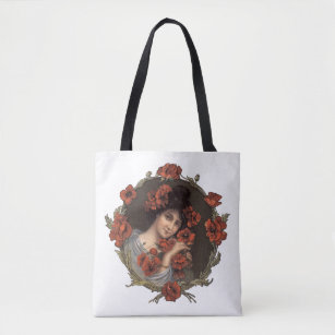  Aesthetic chromolithograph , Woman and poppies   Tote Bag