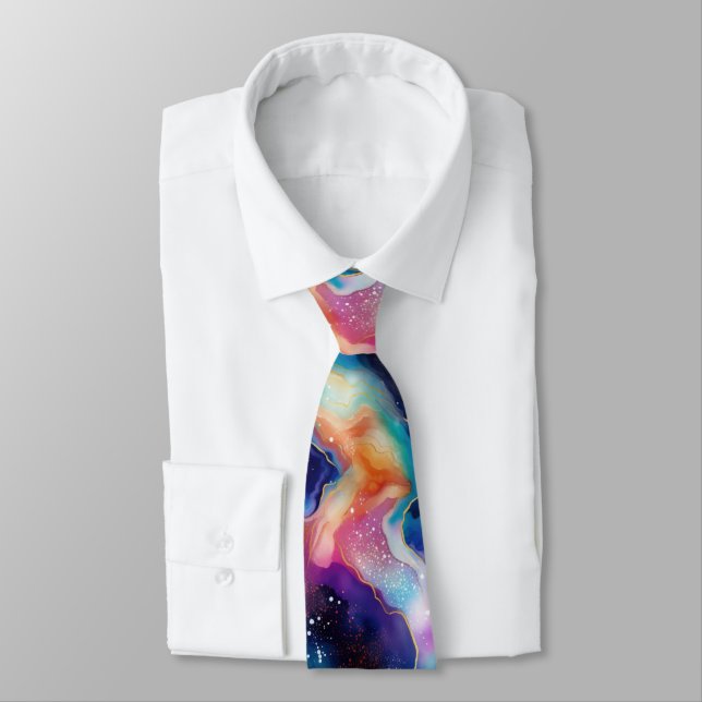 Aesthetic colorful agate rainbow glitter texture neck tie (Tied)