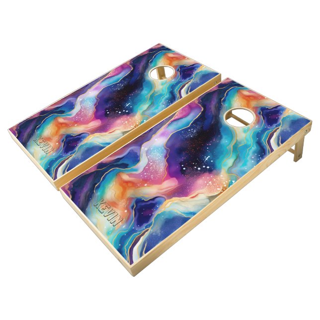 Aesthetic colorful glitter agate pattern monogram cornhole set (Angled)