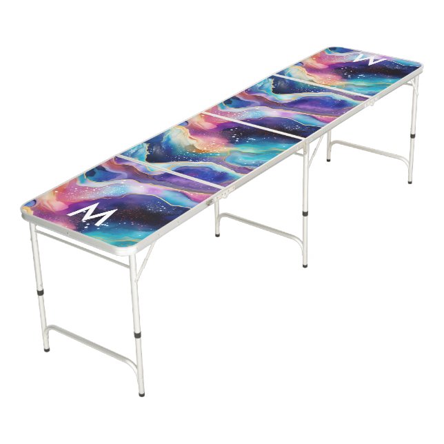 Aesthetic colorful glitter agate texture monogram beer pong table (Angled)