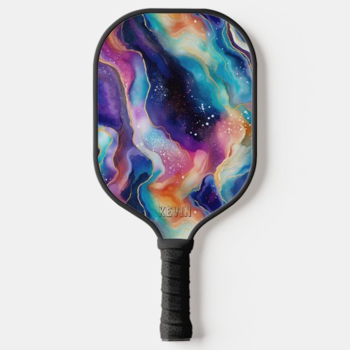 Aesthetic colorful glitter agate texture monogram pickleball paddle