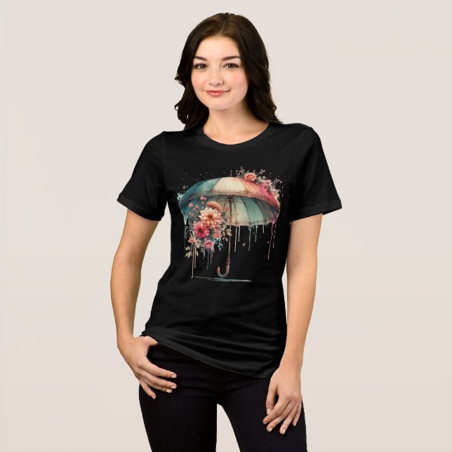 Aesthetic Colorful Umbrella with Beautiful Flowers Tri-Blend Shirt (Front Full)