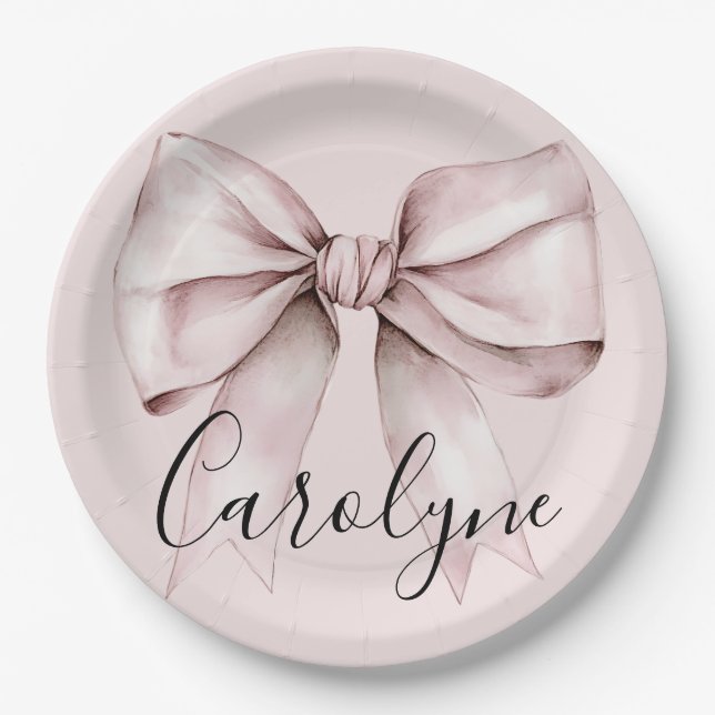 Aesthetic coquette pink bow Personalized Name Paper Plates (Front)