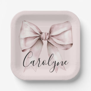 Aesthetic coquette pink bow Personalized square Paper Plates
