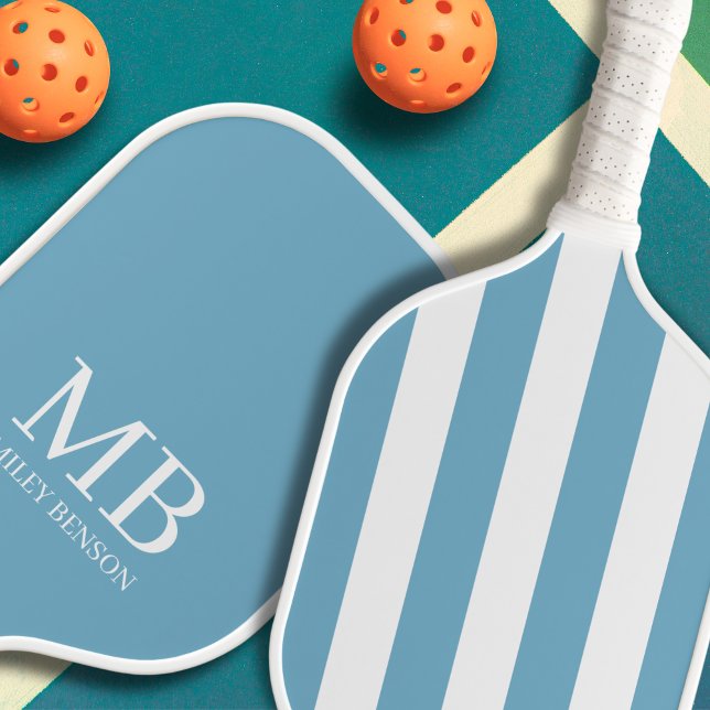 Aesthetic Country Club Blue Stripes Monogram Cute Pickleball Paddle (Old money personalized pickleball paddle)