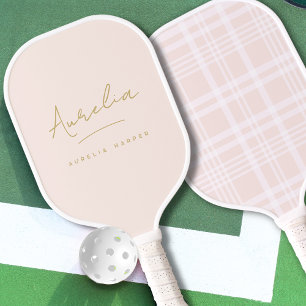 Aesthetic Country Club Pink Gold Plaid Monogram Pickleball Paddle
