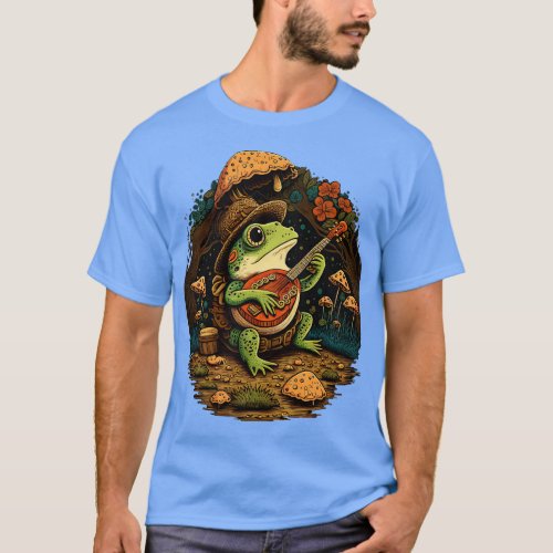 aesthetic cute frog playing ukelele on Mushroom 10 T_Shirt