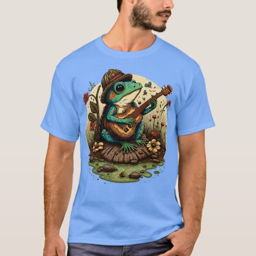 aesthetic cute frog playing ukelele on Mushroom 11 T_Shirt