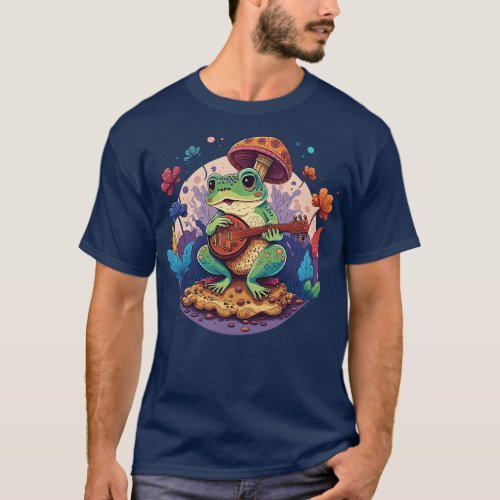 aesthetic cute frog playing ukelele on Mushroom 16 T_Shirt