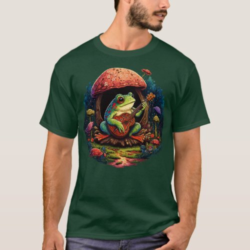 aesthetic cute frog playing ukelele on Mushroom 17 T_Shirt