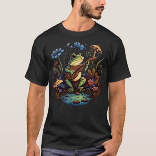 aesthetic cute frog playing ukelele on Mushroom 19 T_Shirt