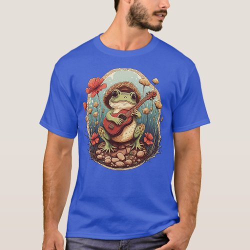 aesthetic cute frog playing ukelele on Mushroom 22 T_Shirt