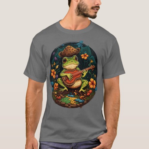 aesthetic cute frog playing ukelele on Mushroom 3 T_Shirt