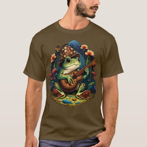 aesthetic cute frog playing ukelele on Mushroom 4 T_Shirt
